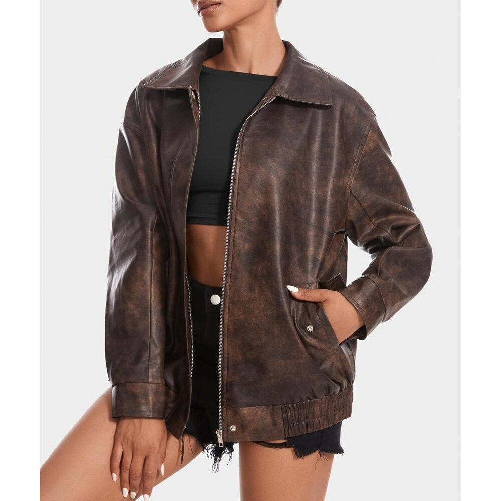 Women's Brown Faux Leather Jacket Oversized Motorcycle Zipper Bomber Coats - Picture 3 of 6